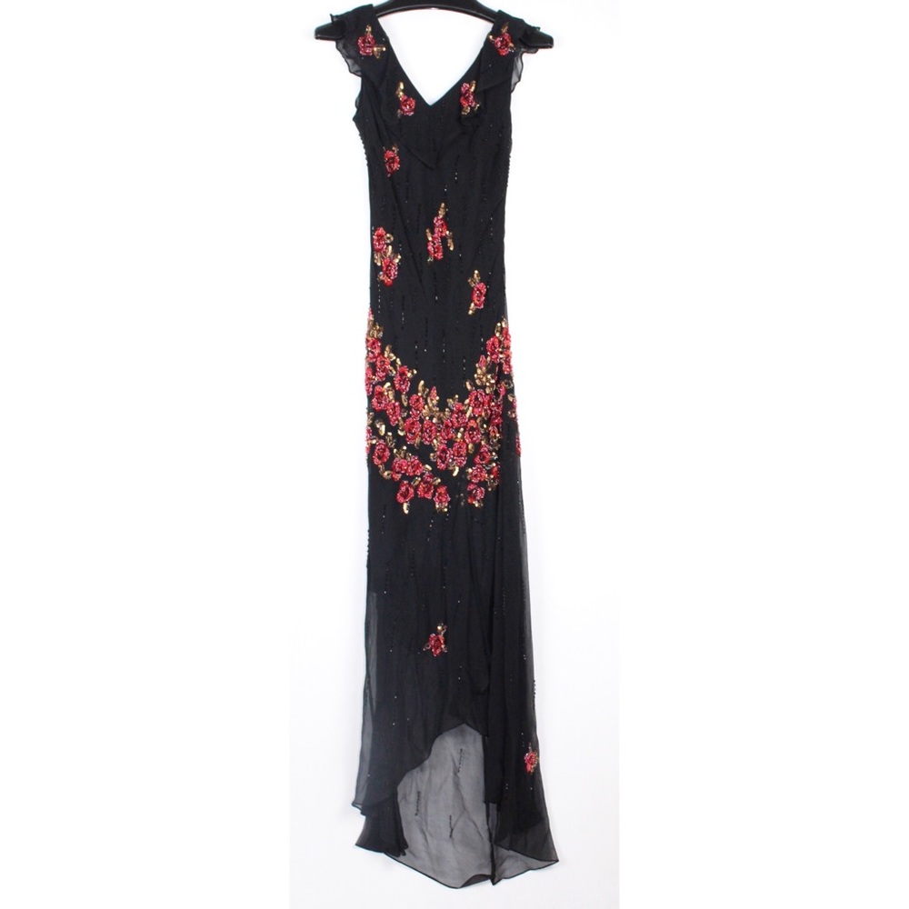 Danza Silk Floral Beaded Hi Low Dress VNeck Ruffle - Picture 3 of 8